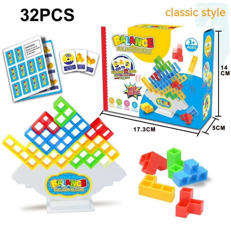 Balance Building Blocks set for kids aged 3-6, enhancing cognitive skills and hand-eye coordination, resembling Tetris, made of plastic with 32 pieces.