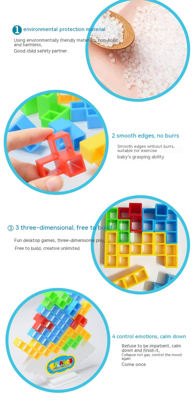 Balance Building Blocks for children, colorful plastic stacking toy with smooth edges, promotes cognitive and motor skills development.