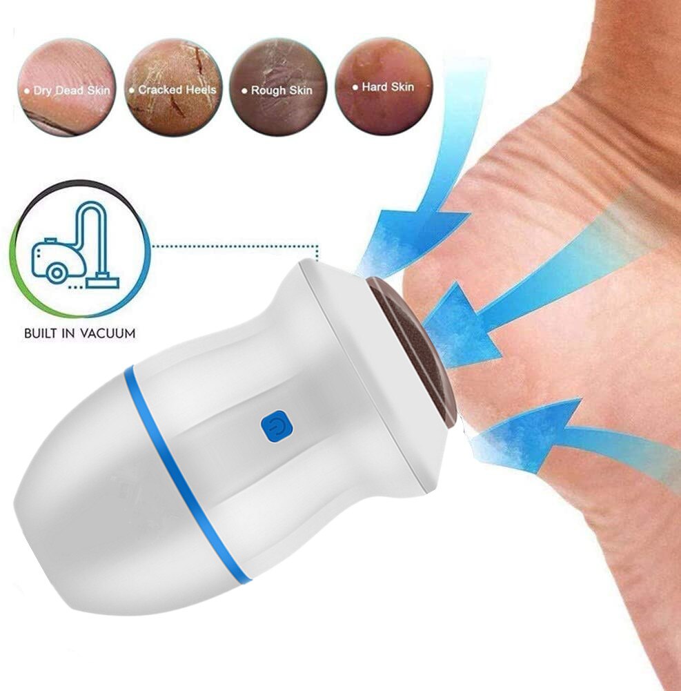 Electric foot grinder with built-in vacuum for effortless heel care, featuring ergonomic design and interchangeable grinding heads.