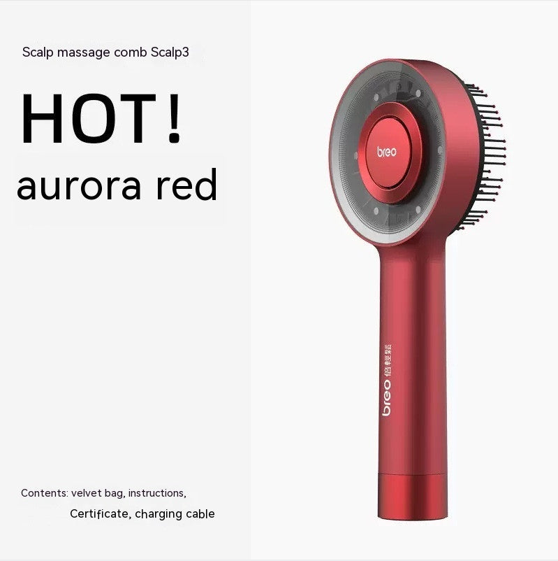 Infrared head hair growth device in aurora red with advanced scalp massaging technology.