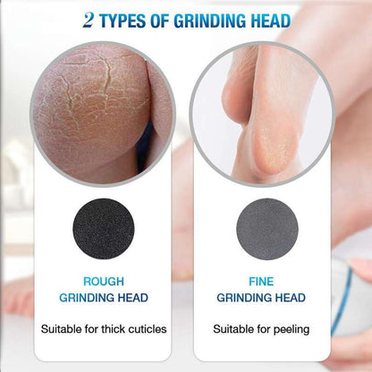 Electric foot grinder with two types of grinding heads for thick cuticles and peeling.