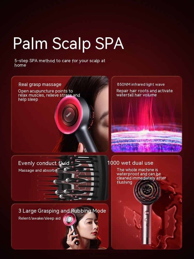 Infrared head hair growth device with scalp massager and red light therapy, featuring waterproof and cordless design.