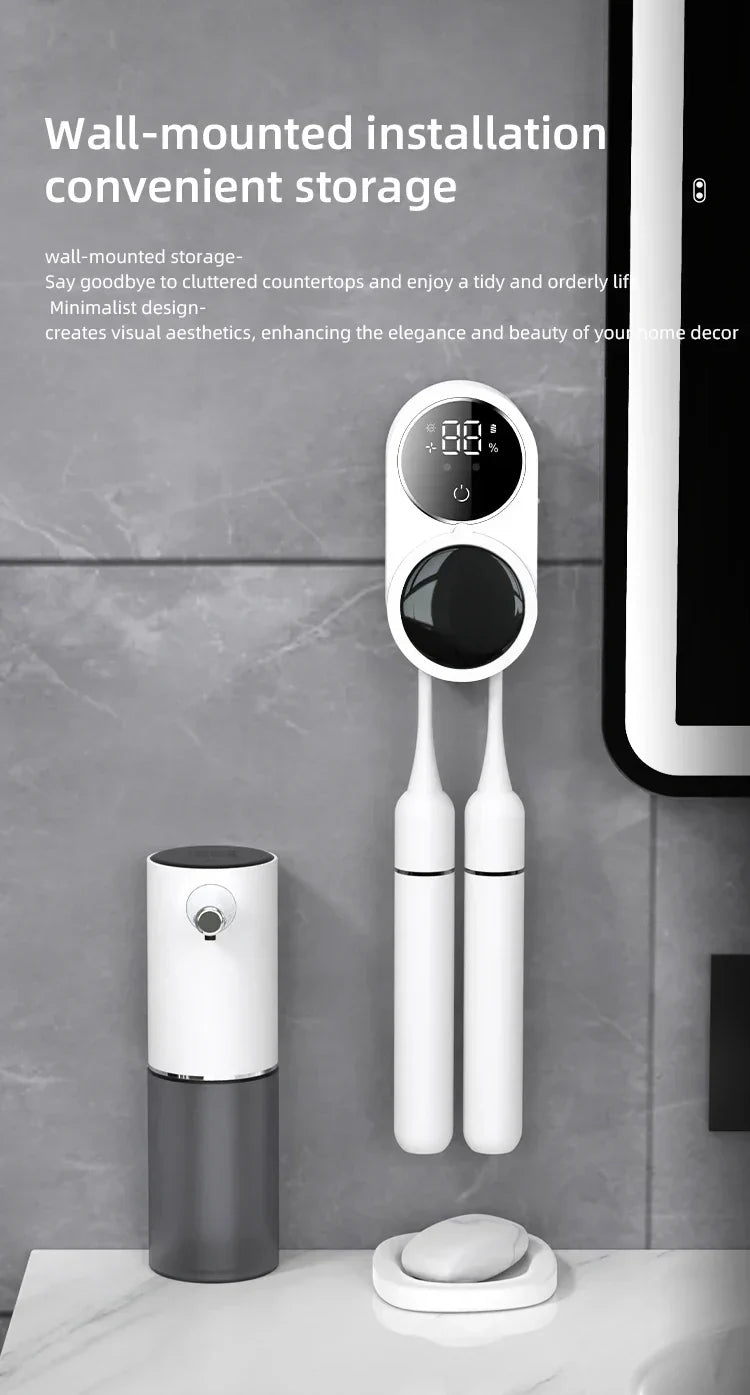 Wall-mounted UV toothbrush sanitizer with intelligent sensor in bathroom.