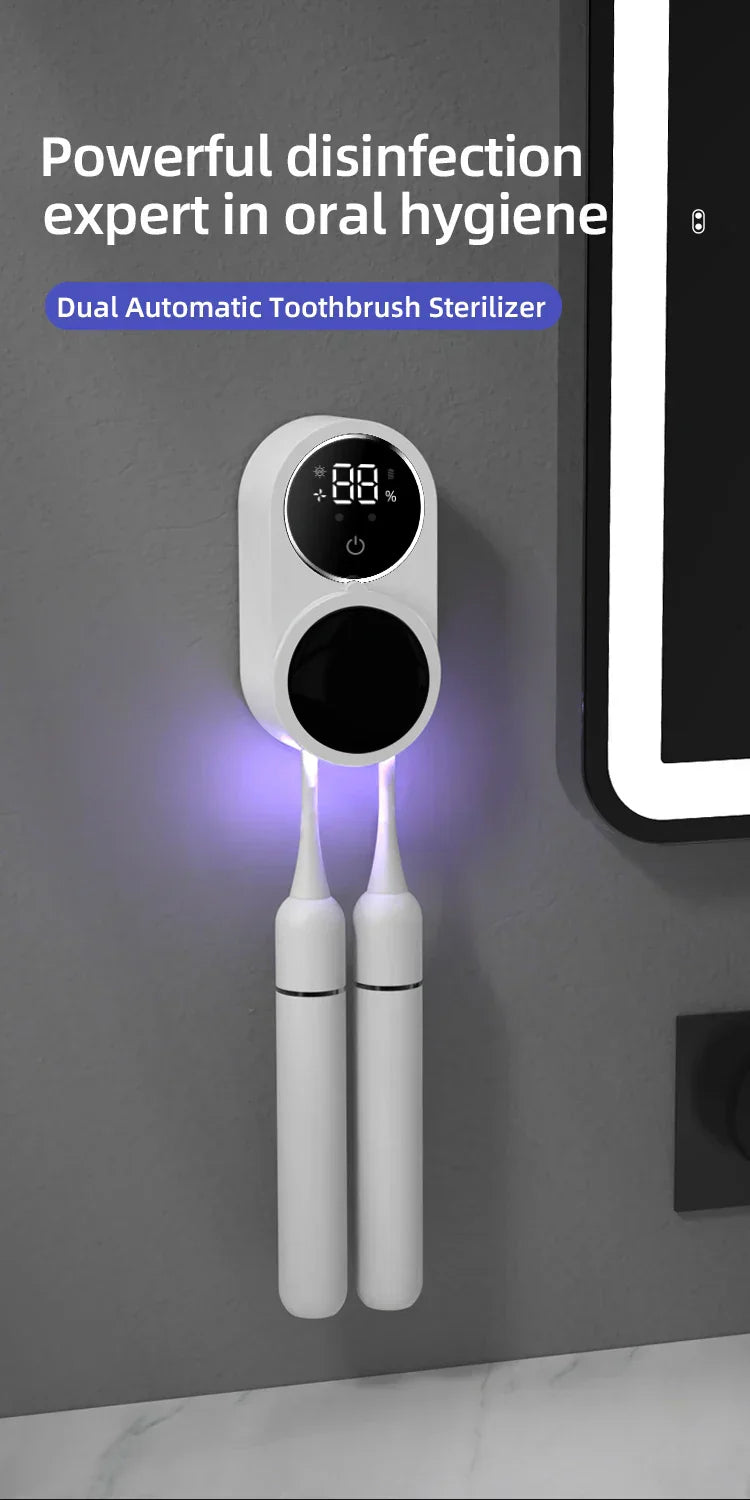 Wall-mounted UV toothbrush sanitizer with intelligent sensor for germ-free hygiene.