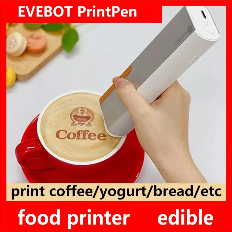 EVEBOT Portable Inkjet PrintPen printing on a coffee surface with edible, safe ink.