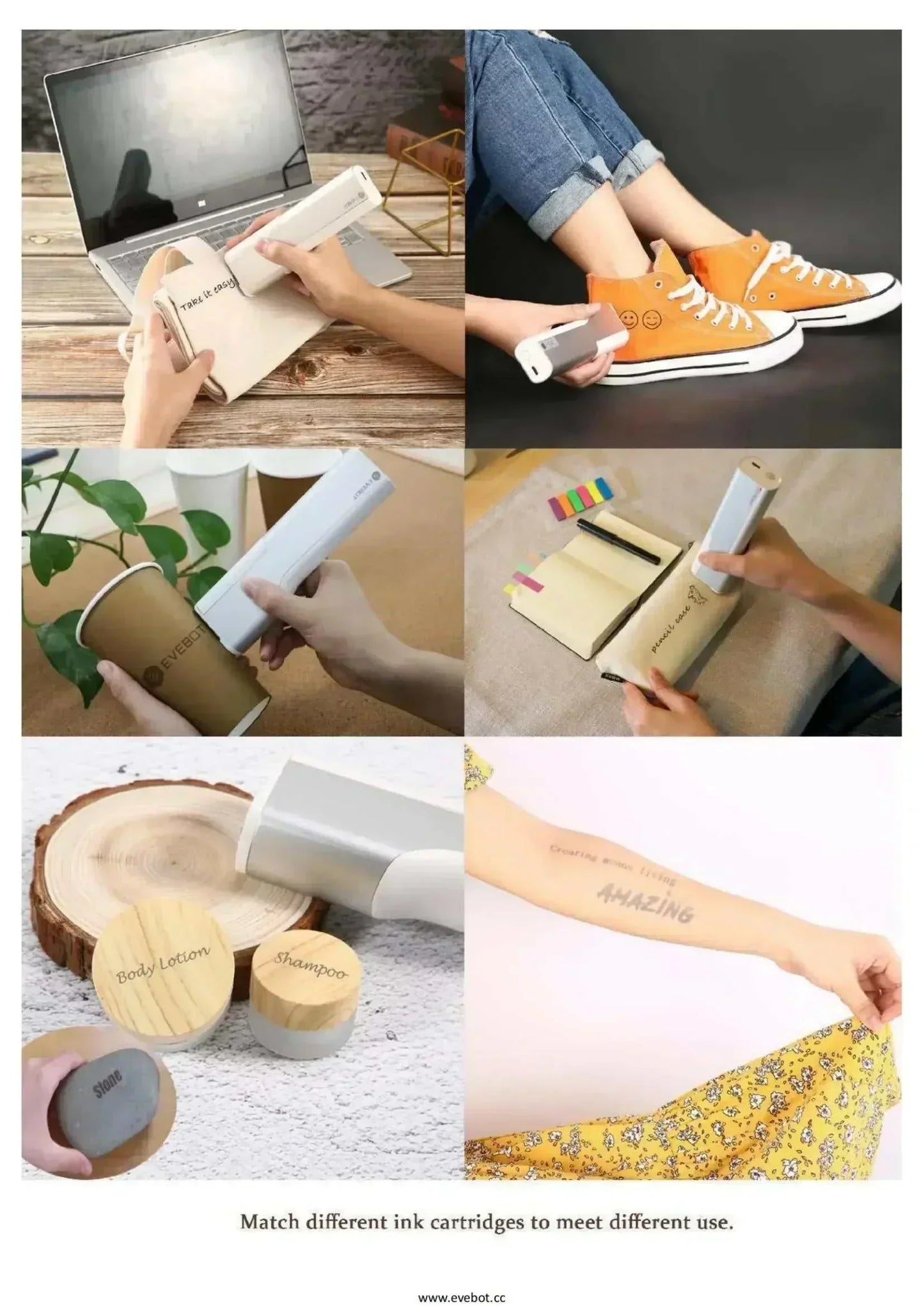 EVEBOT Portable Inkjet PrintPen used on various surfaces including shoes, wood, and skin.