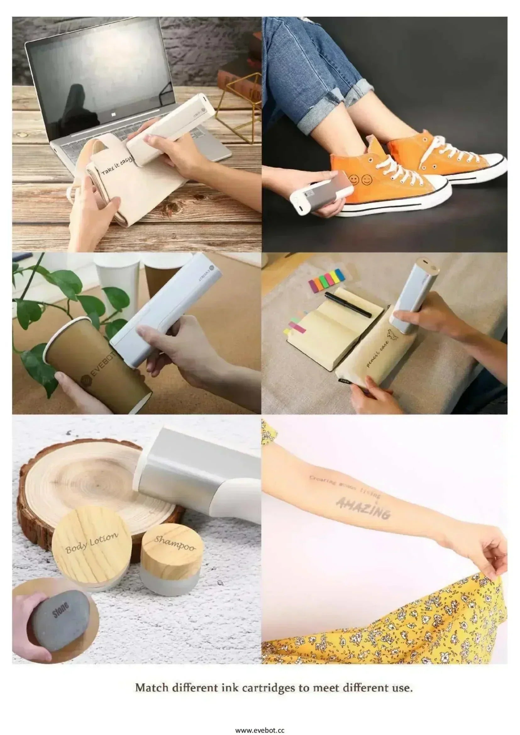 EVEBOT Portable Inkjet PrintPen used on various surfaces including shoes, wood, and skin.