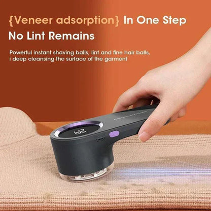 Hand using USB rechargeable lint remover on fabric surface, showcasing LED display and fuzz removal capabilities.