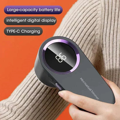 USB rechargeable fabric shaver with LED display, showing large-capacity battery life and Type-C charging, ideal for lint removal on various fabrics.