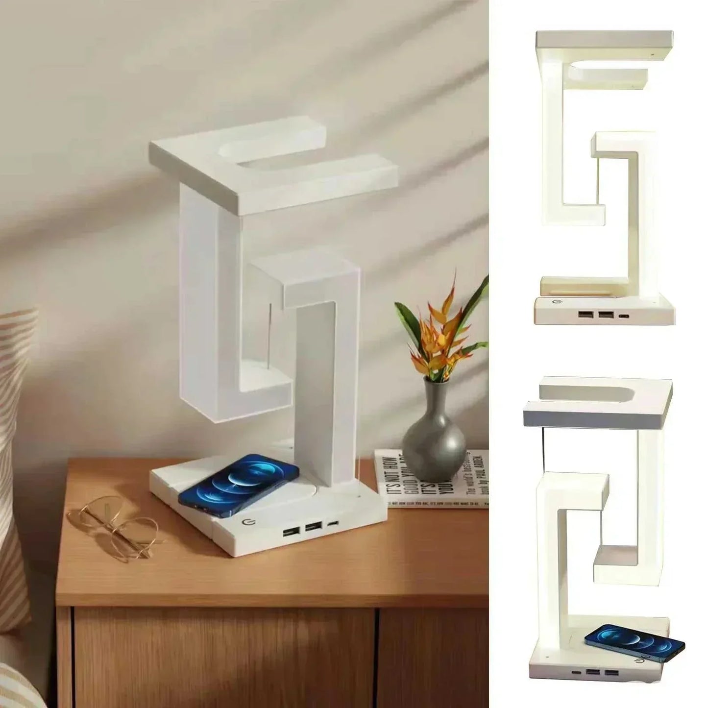 LED lamp with wireless phone charging function, floating design, and touch control.