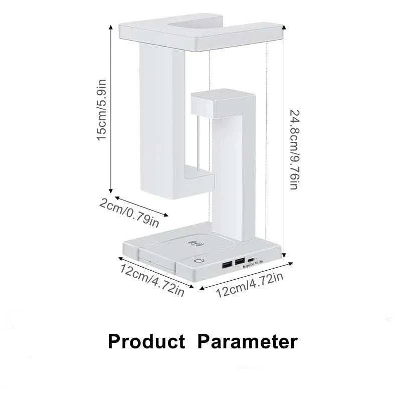 Suspended anti-gravity wireless charging table lamp with LED light and mobile phone charging function; dimensions are 24.8cm x 12cm x 15cm.