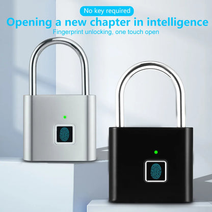 Fingerprint padlock in silver and black, featuring biometric recognition for secure, keyless access.