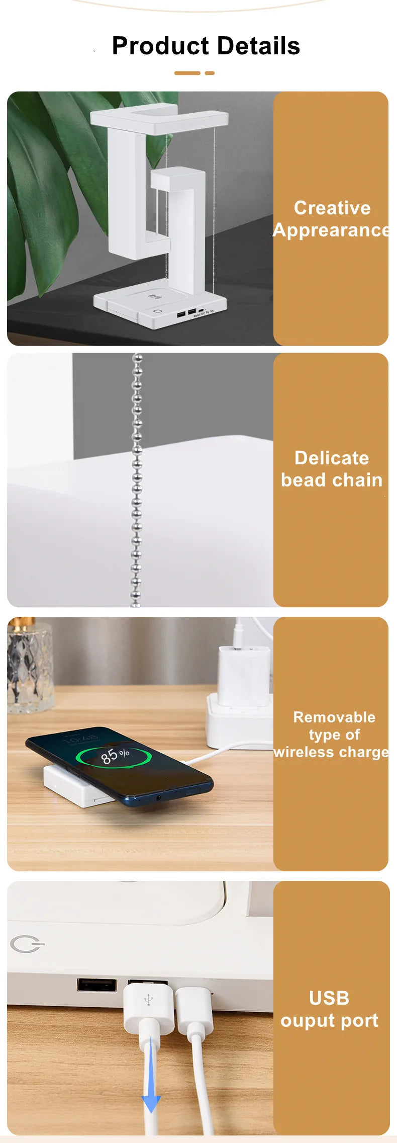 Innovative anti-gravity LED lamp with detachable 10W wireless charger, touch control, and USB output port; ideal for bedrooms and offices.