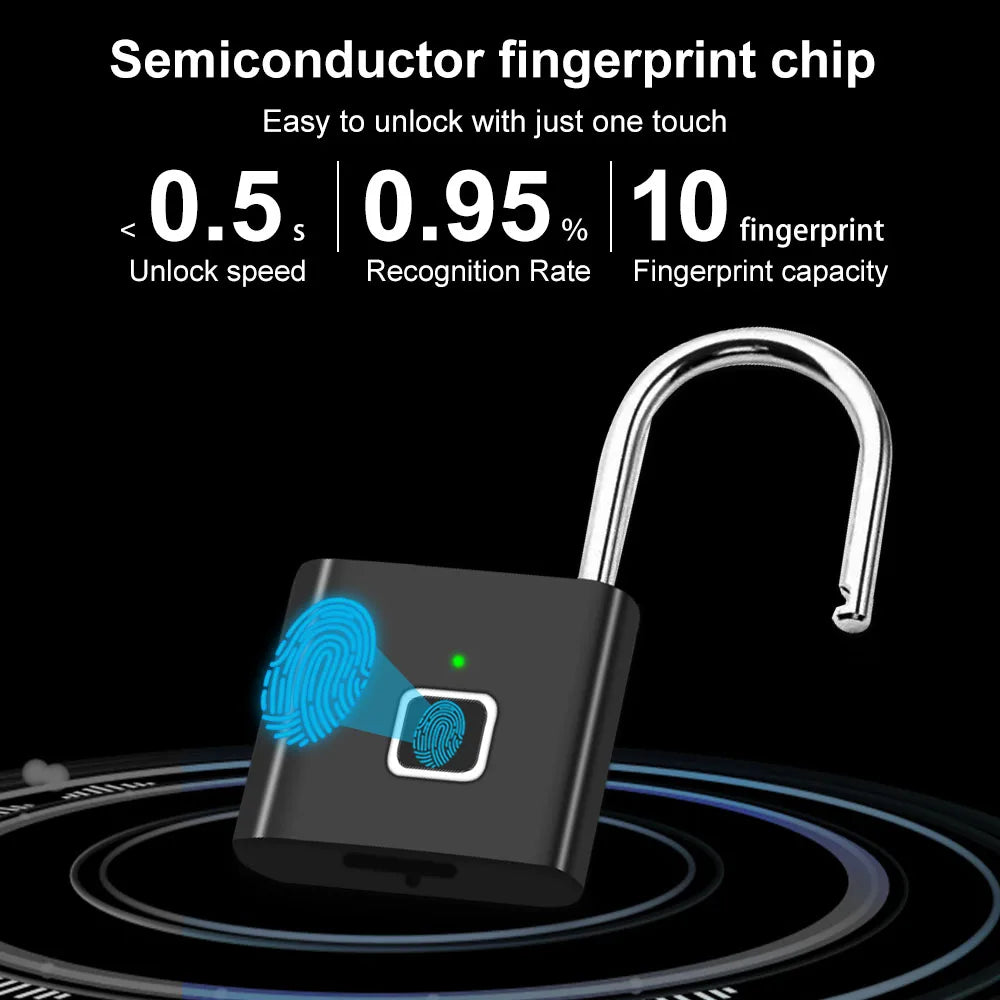 Fingerprint padlock with 0.5s unlock speed, 10 fingerprint capacity.