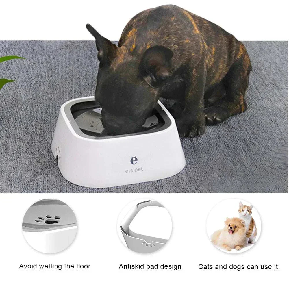 Non-spill dog water bowl with anti-spill design, slow water feeder features, and suitable for both cats and dogs.