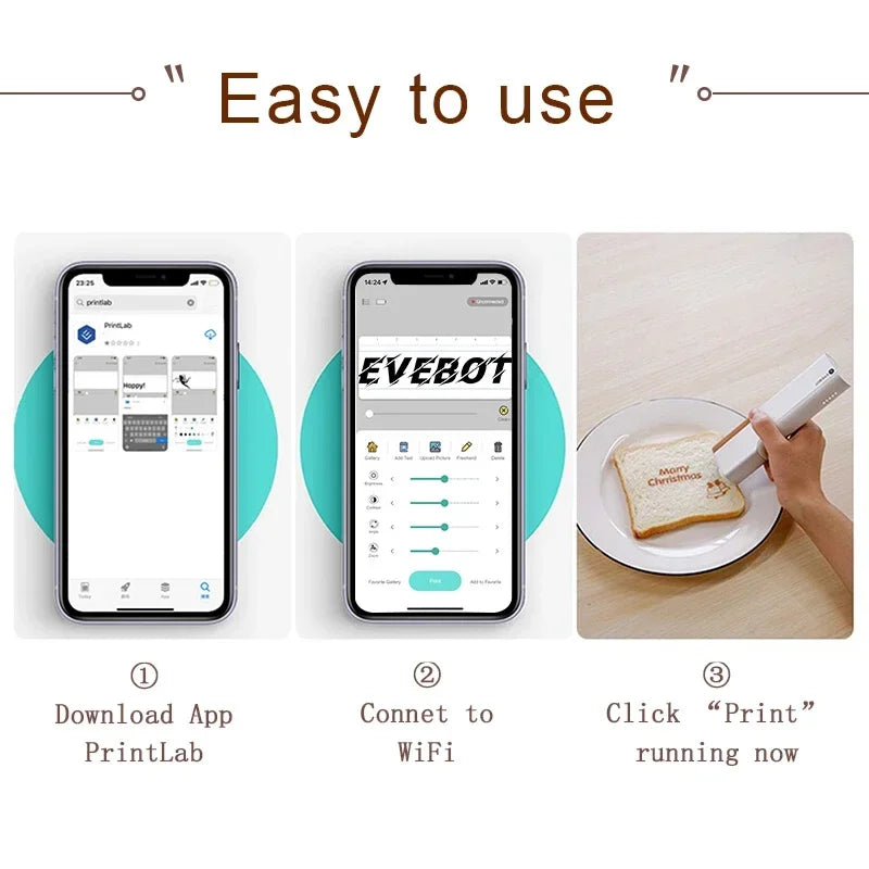 EVEBOT Portable Inkjet PrintPen tutorial showing app download, WiFi connection, and printing on toast.