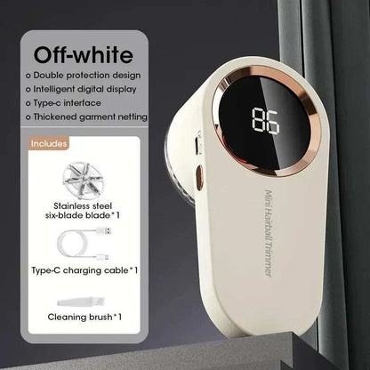 Off-white USB rechargeable fabric shaver with LED display and six-blade design.