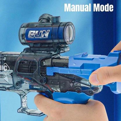 High-pressure electric water gun toy in manual mode for outdoor play.