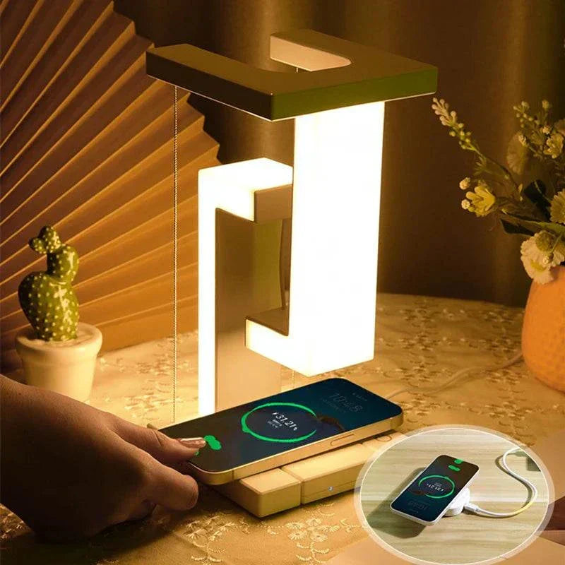 Lamp table with LED light and wireless phone charging功能，floating design, touch control, ideal for bedroom or office.