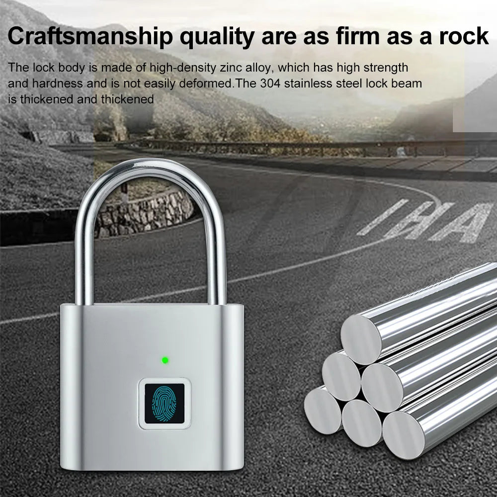 Smart biometric fingerprint padlock made from durable zinc alloy with waterproof design; features include fast recognition, rechargeable battery, and shareable access.