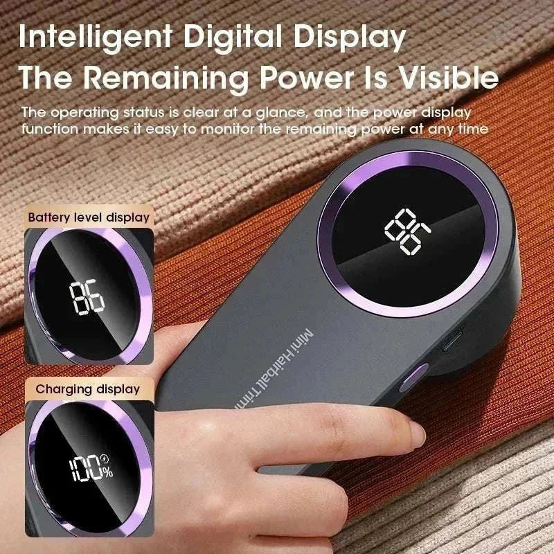 USB rechargeable fabric shaver with digital display on fabric.