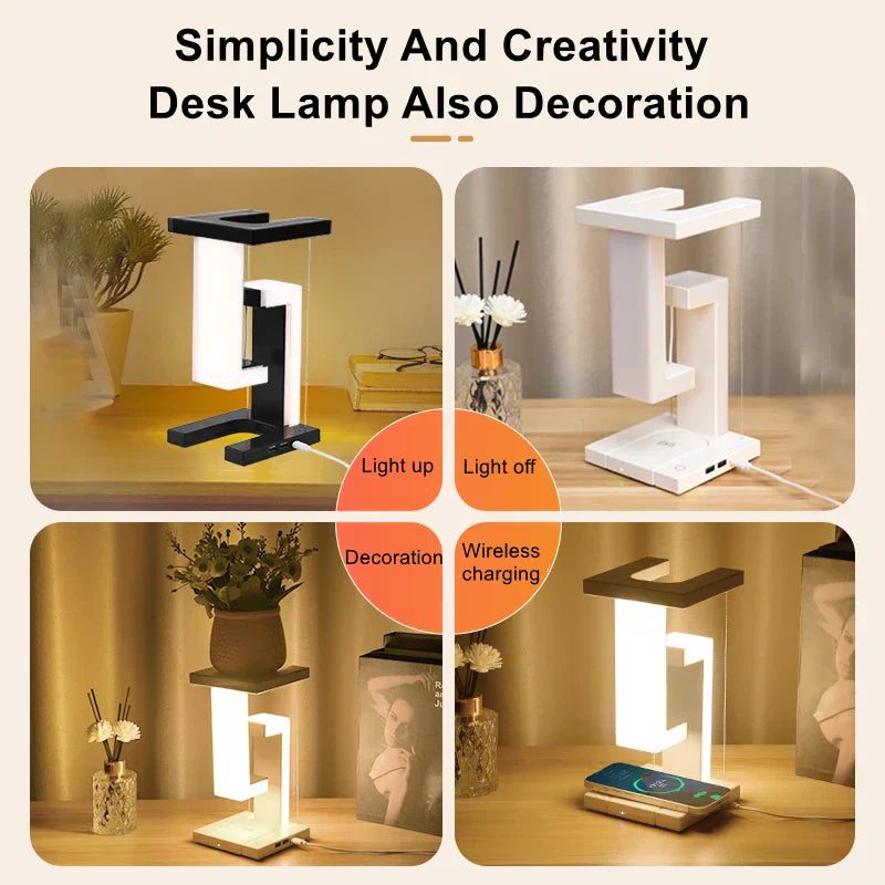 LED desk lamp with wireless charging, adjustable lighting, and modern design for home or office.