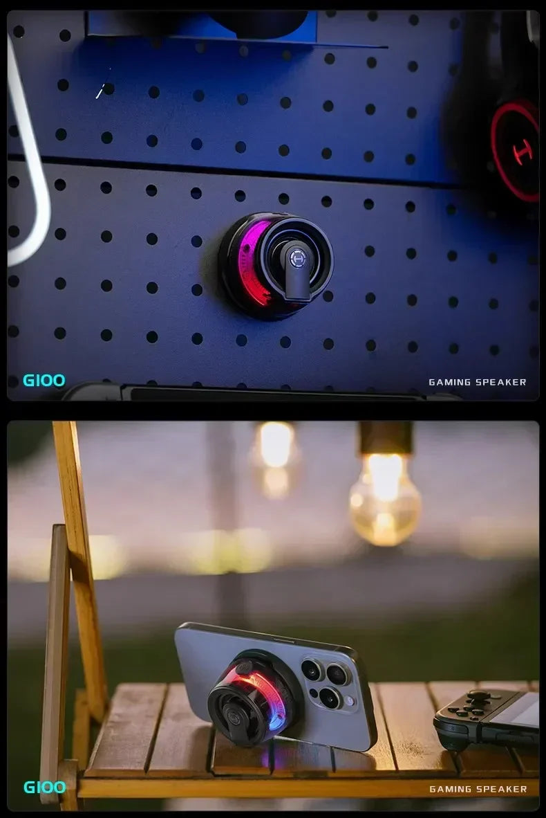 Hecate G100 Magnetic Wireless Bluetooth Speaker with subwoofer, mounted on pegboard and paired with smartphone.