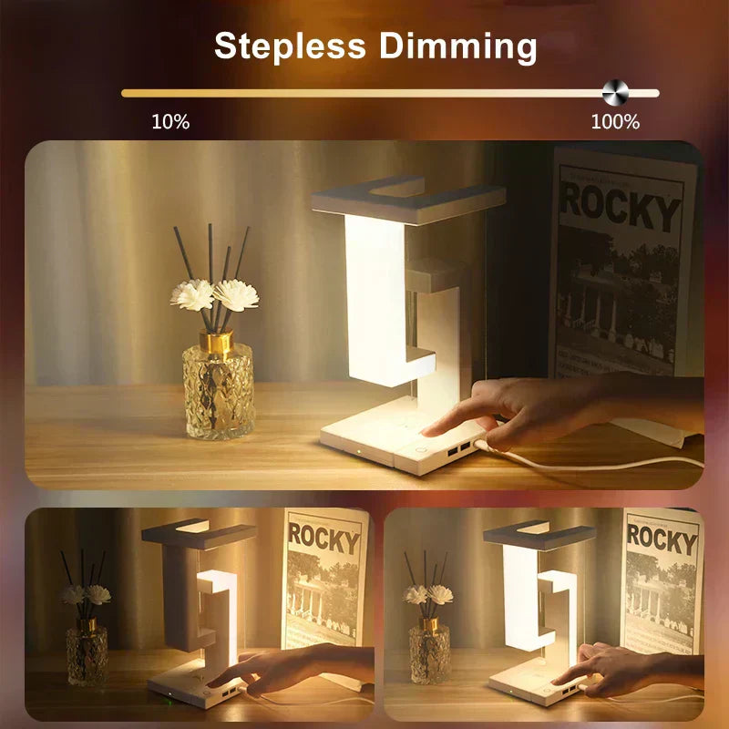 LED table lamp with wireless charging function and stepless dimming.