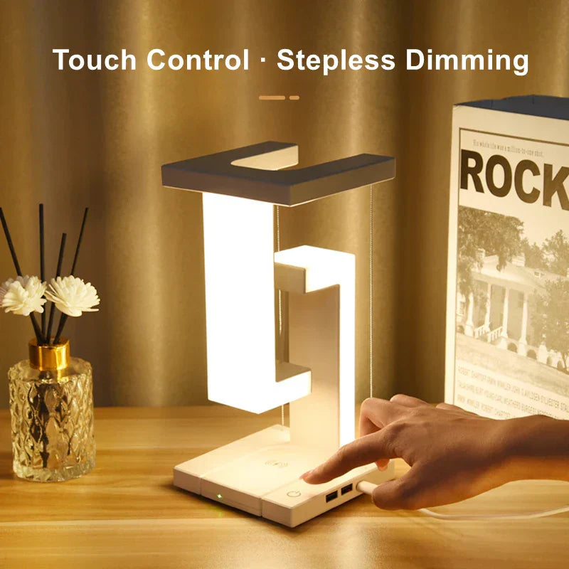 LED lamp with wireless charging, touch control, and stepless dimming on a wooden table.