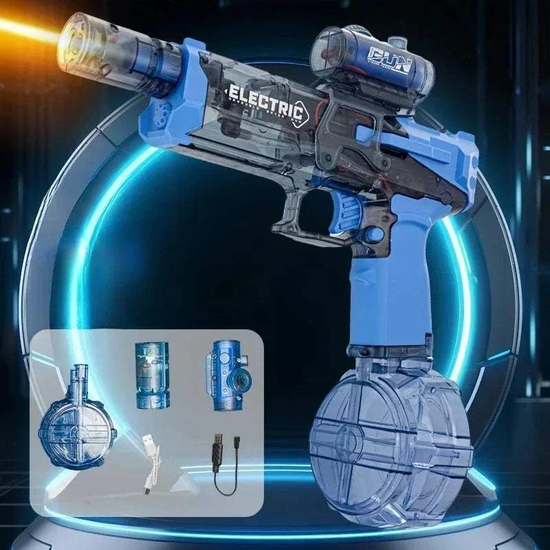 High-pressure electric water gun toy with automatic firing, long-range shots, and light signal feature for children’s outdoor play.