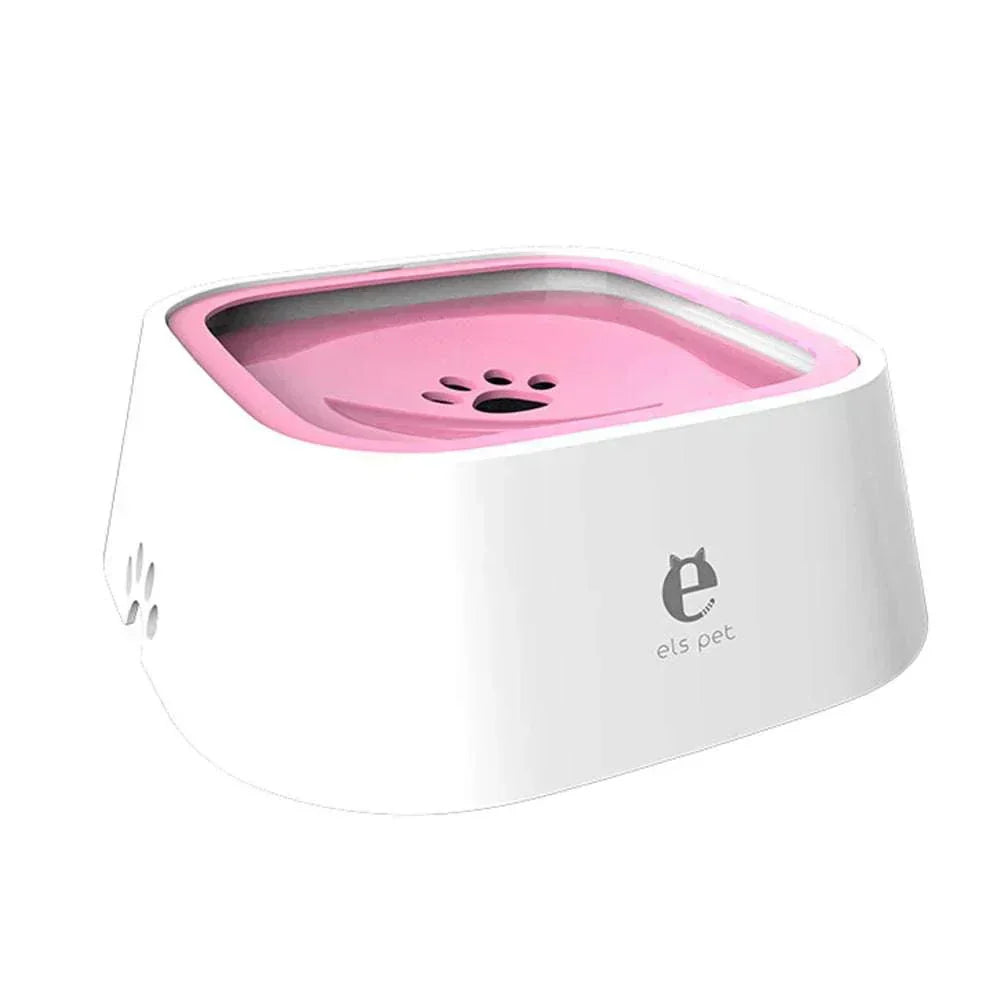 dog water bowl with anti-spill design, white and pink, pet-safe materials.