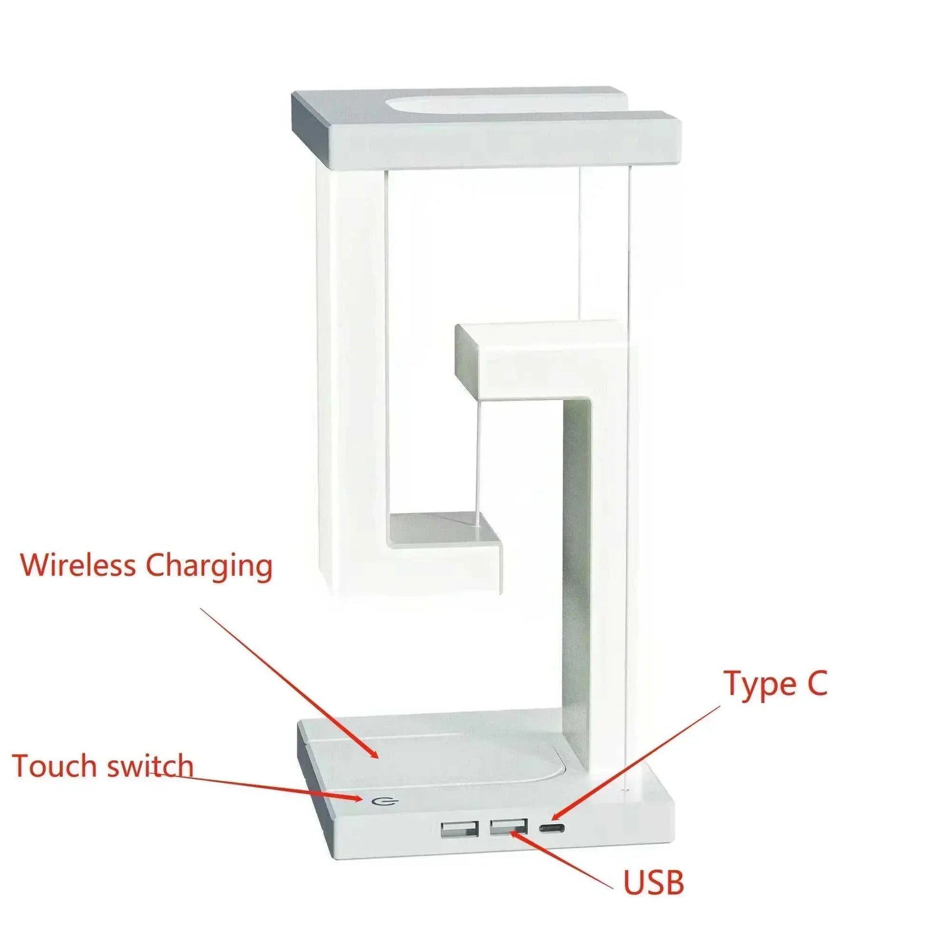 Suspended Anti-Gravity Wireless Charging Table Lamp with LED Light, featuring mobile phone wireless charging, USB, and touch switch.