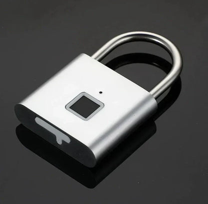 Smart fingerprint padlock with silver zinc alloy body for secure keyless access.