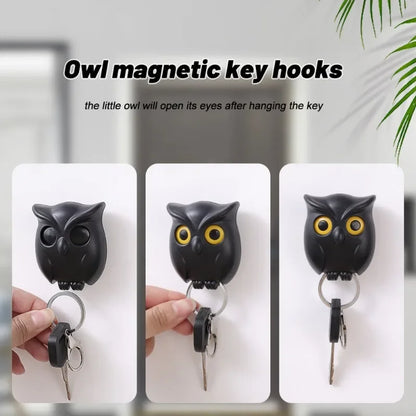 Owl magnetic key hooks with opening eyes design, durable ABS material, and strong magnet for secure key holding.