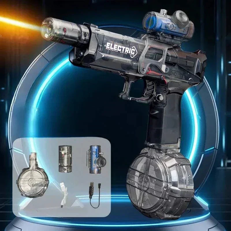 High-pressure electric water gun toy with light signal feature and durable design, perfect for kids' summer outdoor play.