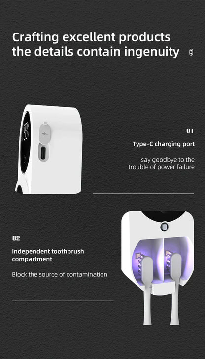 UV toothbrush sanitizer with intelligent sensor, features type-C charging port and independent toothbrush compartment.