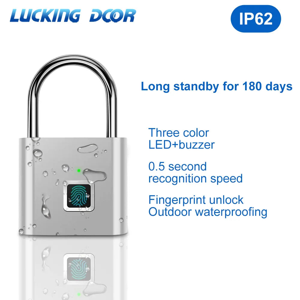 Smart fingerprint padlock with biometric recognition, zinc alloy, waterproof design, and fast unlocking for secure access.