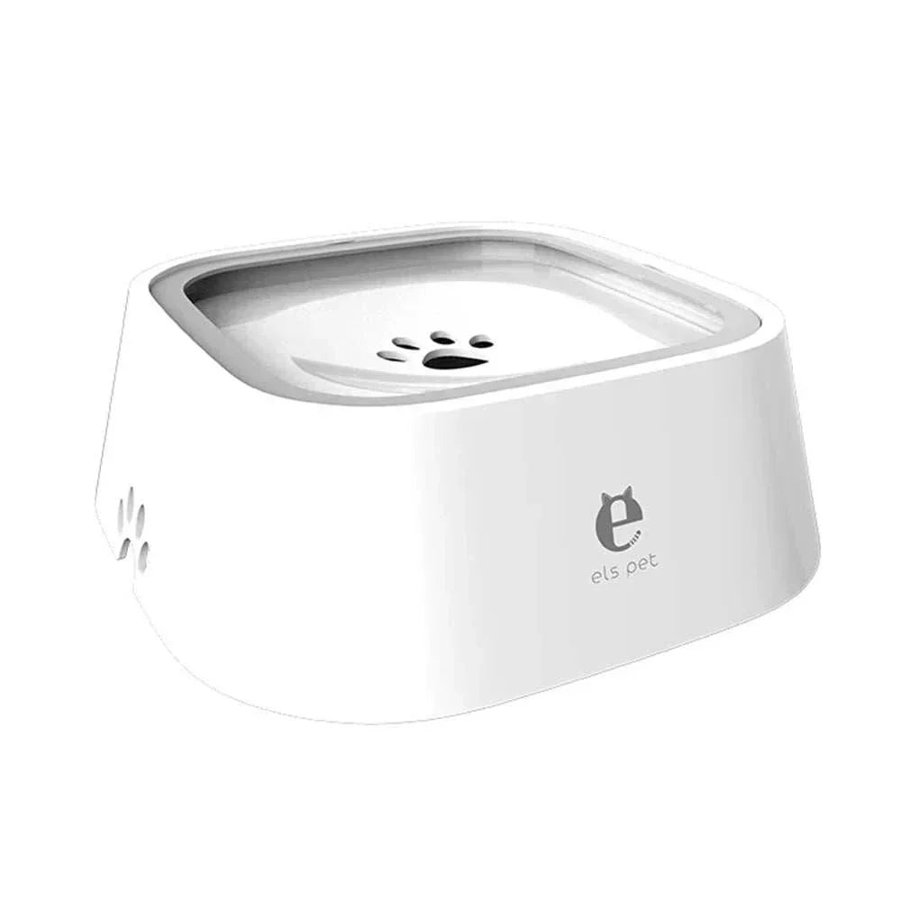 White non-spill dog water bowl with anti-spill design and paw print feature, ideal for home and travel use.