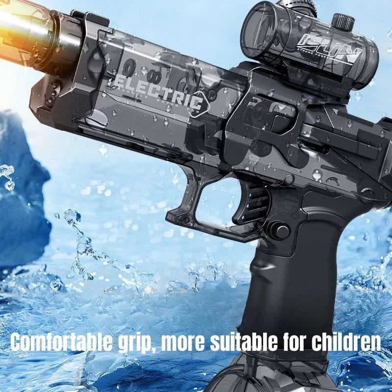 High-pressure electric water gun toy with comfortable grip for children in action against water backdrop.