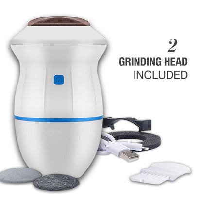 Electric foot grinder with vacuum, 2 grinding heads, USB charge cable, and clean brush included.