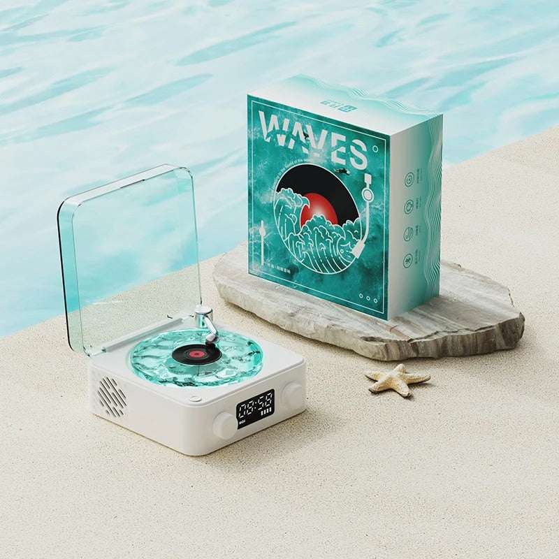 Waves Bluetooth Vintage Player with retro turntable design by the pool, featuring unique packaging and captivating lighting effects.