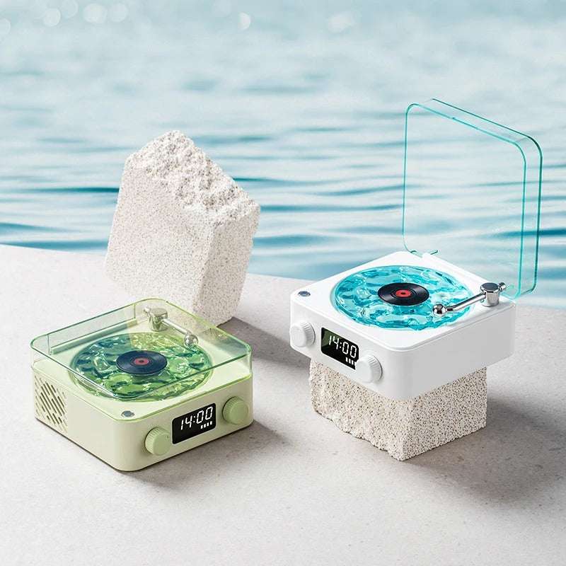 Waves Bluetooth Vintage Player with retro design, shown in two colors with ambient lighting and digital display near an ocean backdrop.