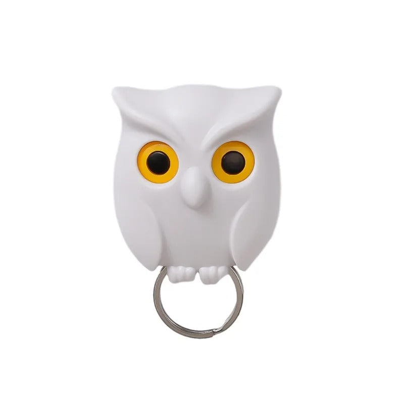 White owl magnetic key holder with bright yellow eyes and key ring, made from durable ABS material.