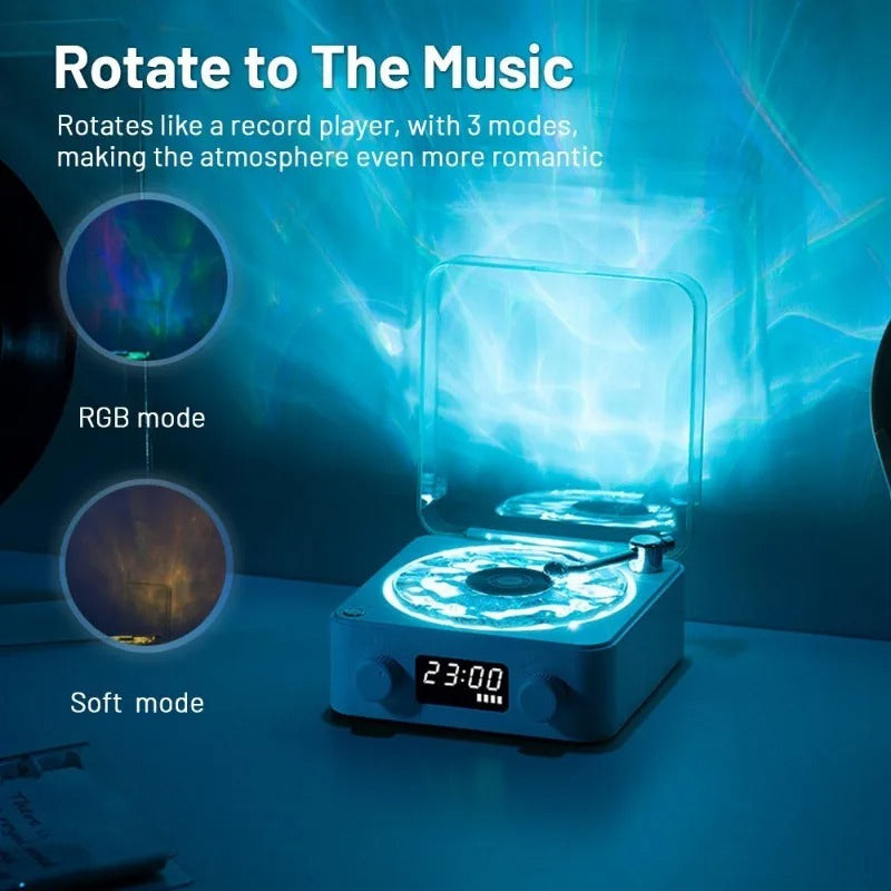 Vintage-style Waves Bluetooth Player with rotating RGB light modes and modern audio features.