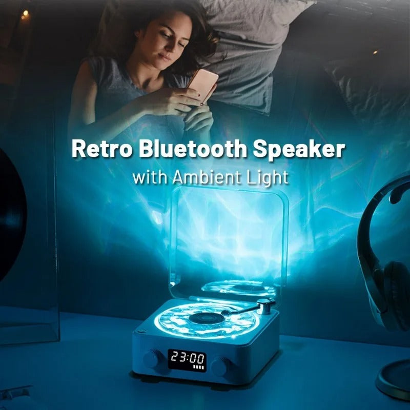 Vintage Bluetooth speaker with ambient lighting, retro design, and audio functionality.