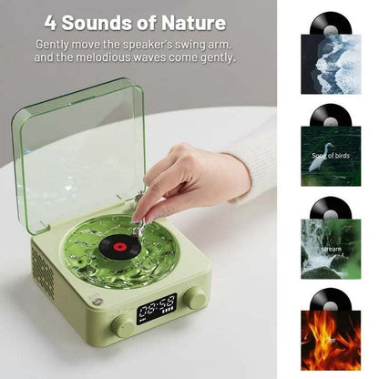 Retro-style Bluetooth speaker with nature sound modes, transparent turntable, and versatile connectivity options.