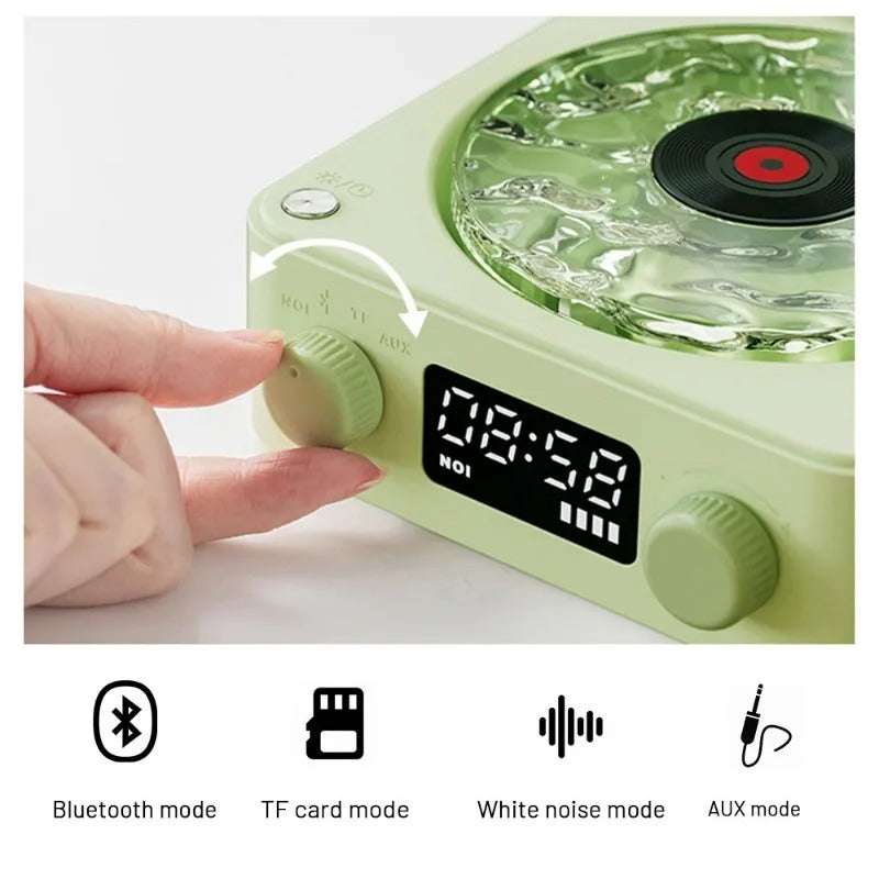 Vintage style Waves Bluetooth Player with LED display and versatile connectivity knobs, showcasing Bluetooth mode, TF card mode, white noise mode, and AUX input.