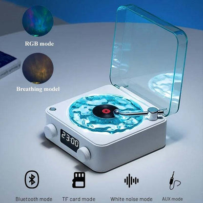 Portable Waves Bluetooth Vintage Player with retro design, featuring RGB and breathing light modes, Bluetooth, TF card, white noise, and AUX connectivity options.