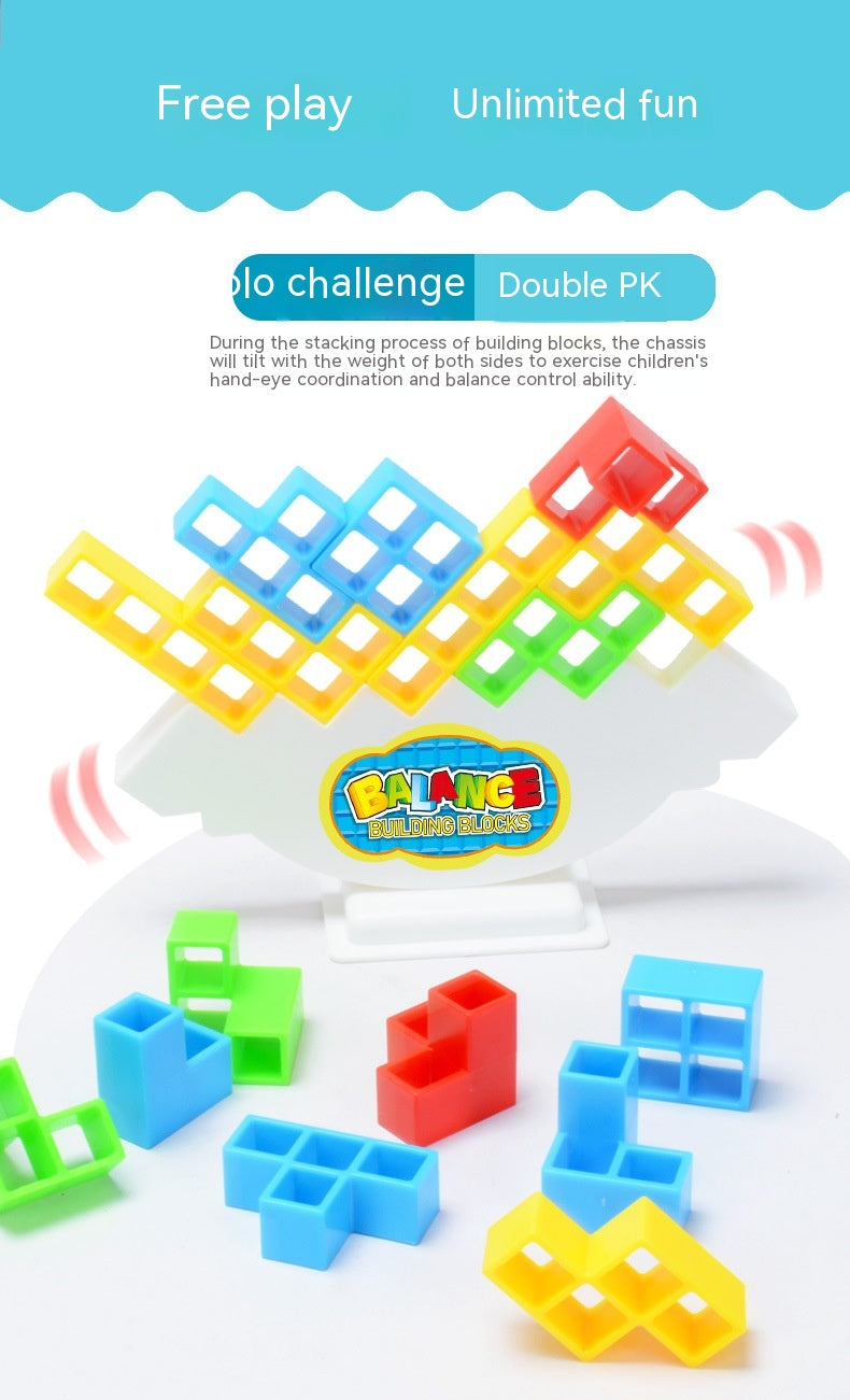 Colorful plastic balance building blocks for children ages 3-6, featuring a Tetris-like stacking challenge to enhance cognitive skills and coordination.