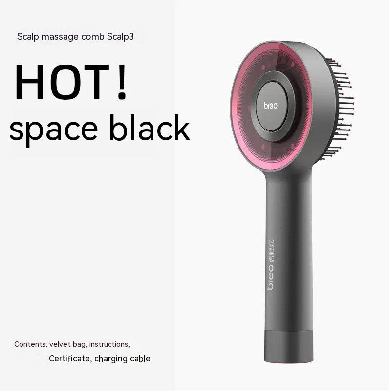 Infrared head hair growth brush with red light therapy in space black color, featuring effective cleaning bristles and a sleek, modern design.